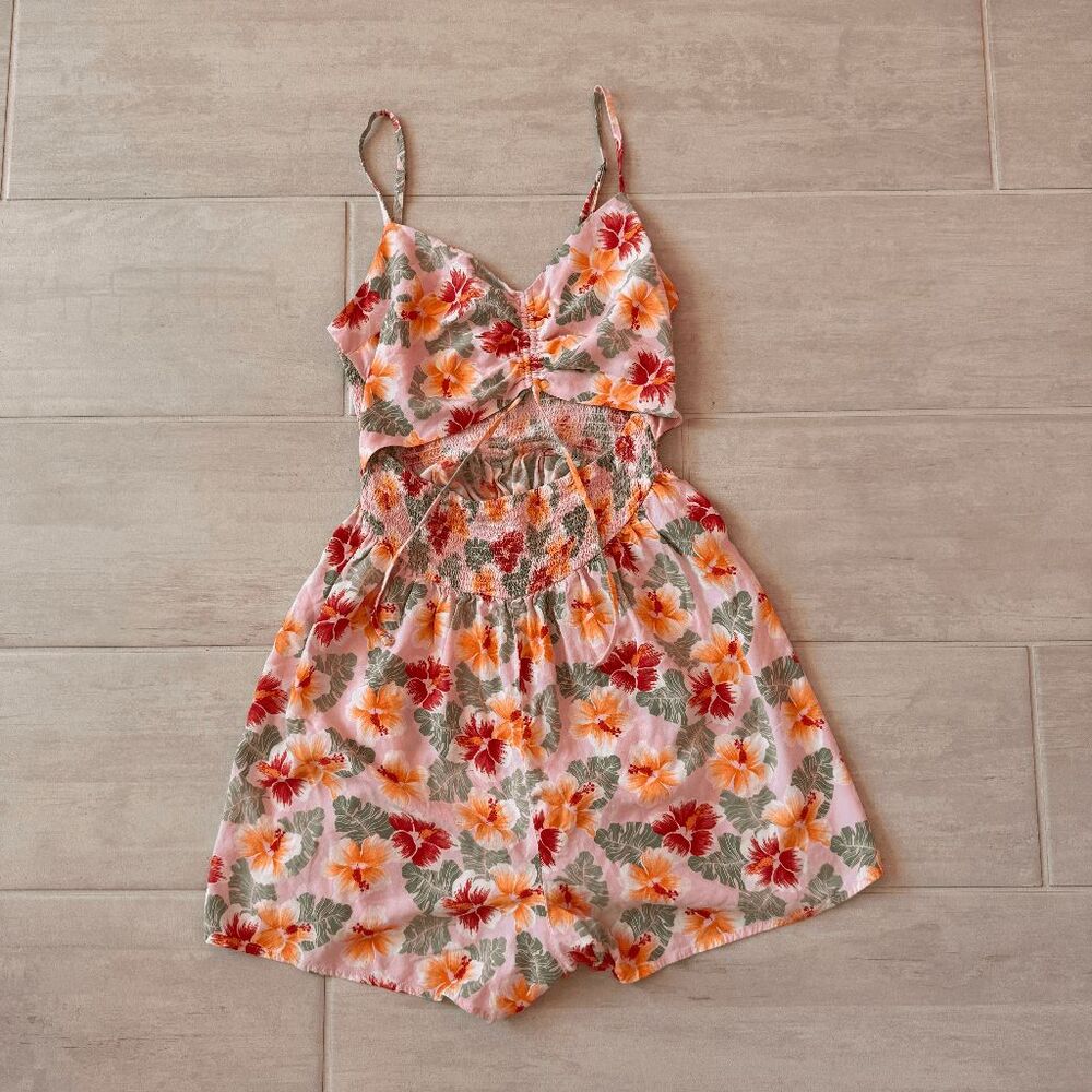 Hollister Romper Hawaiian Floral Open Front Smocked Wide Leg Shorts Medium Tank